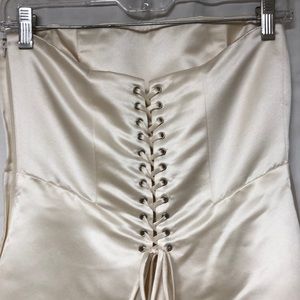 Off white, strapless BCBG Maxazria satin full leng